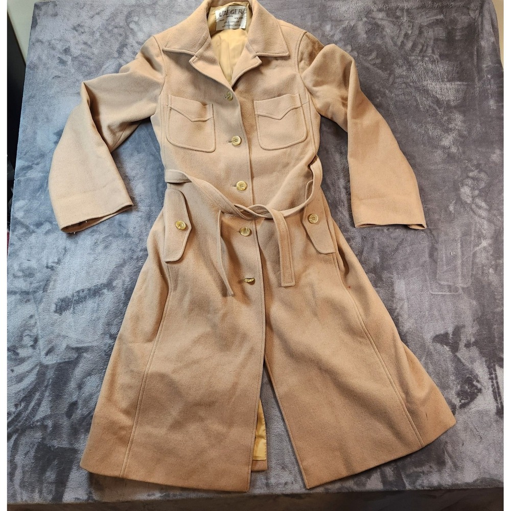 Jaeger Coat Womens 12 Beige Wool Camel Hair Belted Long Lined Overcoat VTG UK